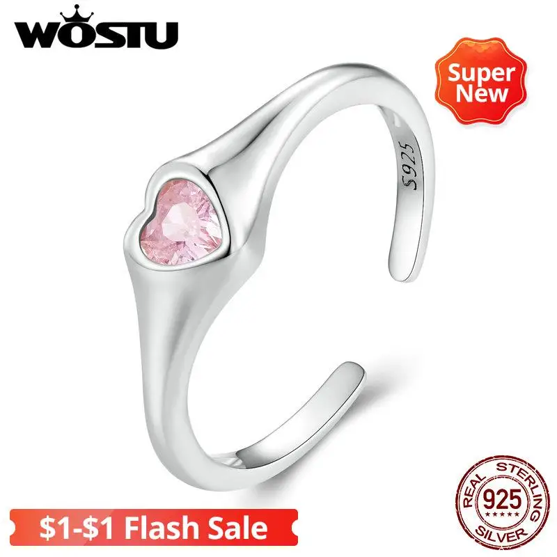 

WOSTU Real 925 Sterling Silver Pink Heart Open Ring Romantic Simple Anniversary Rings For Women Fashion Fine Jewelry Party Gift
