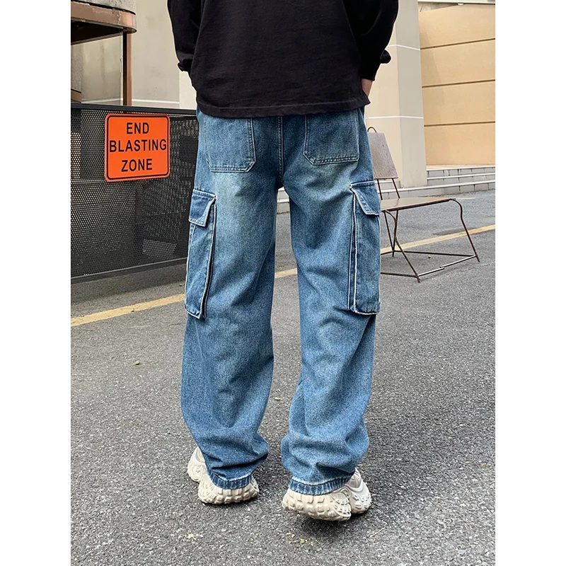 Мужские винтажные джинсы свободные прямые с большими карманами осень 2024