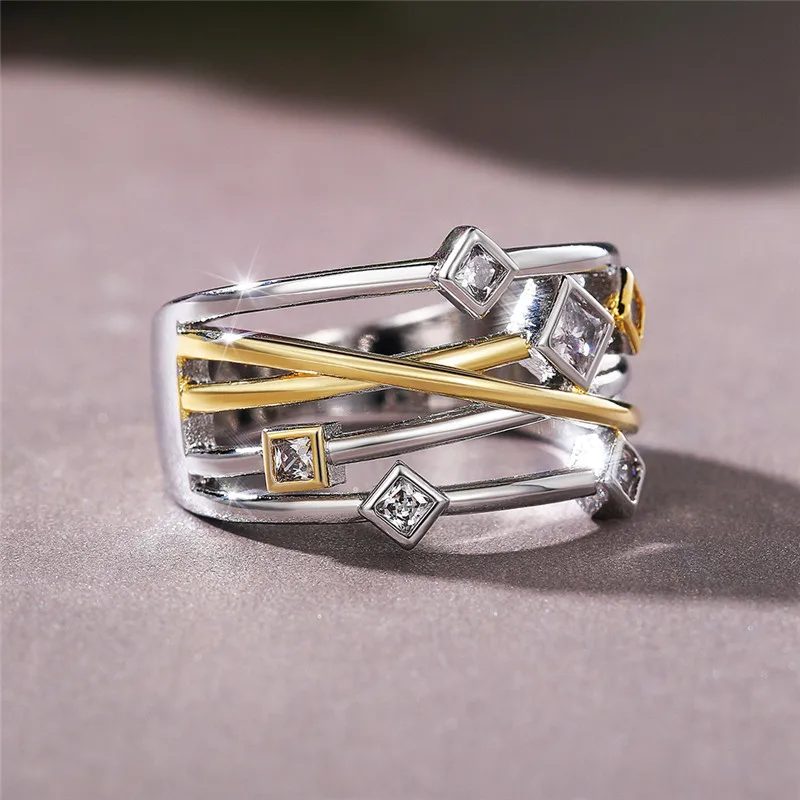 

Huitan Newly Fancy Cross Rings for Women Two Tone Design Fashion Versatile Female Accessories with CZ Party Geometric Jewelry