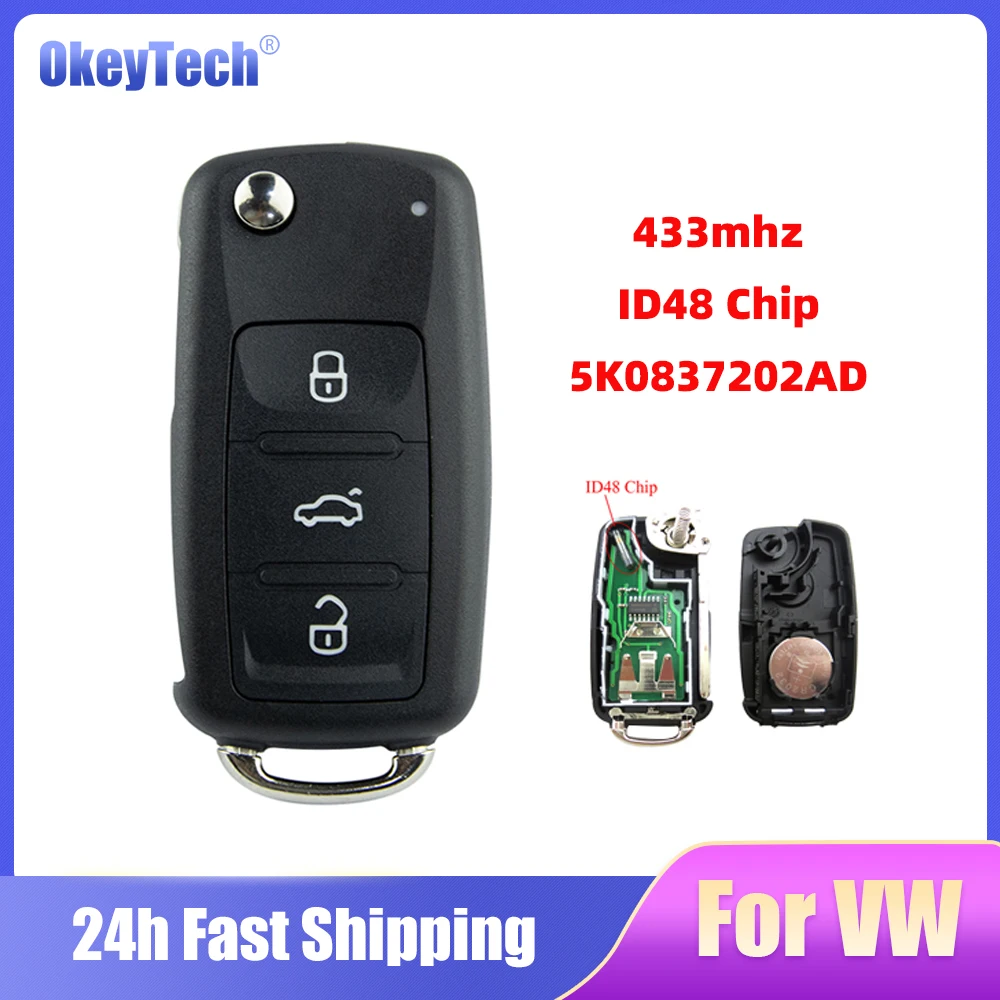 OkeyTech дистанционный флип-ключ для VW Volkswagen GOLF PASSAT Tiguan Polo Jetta Beetle Skoda Seat Car 5K0837202AD 434 МГц