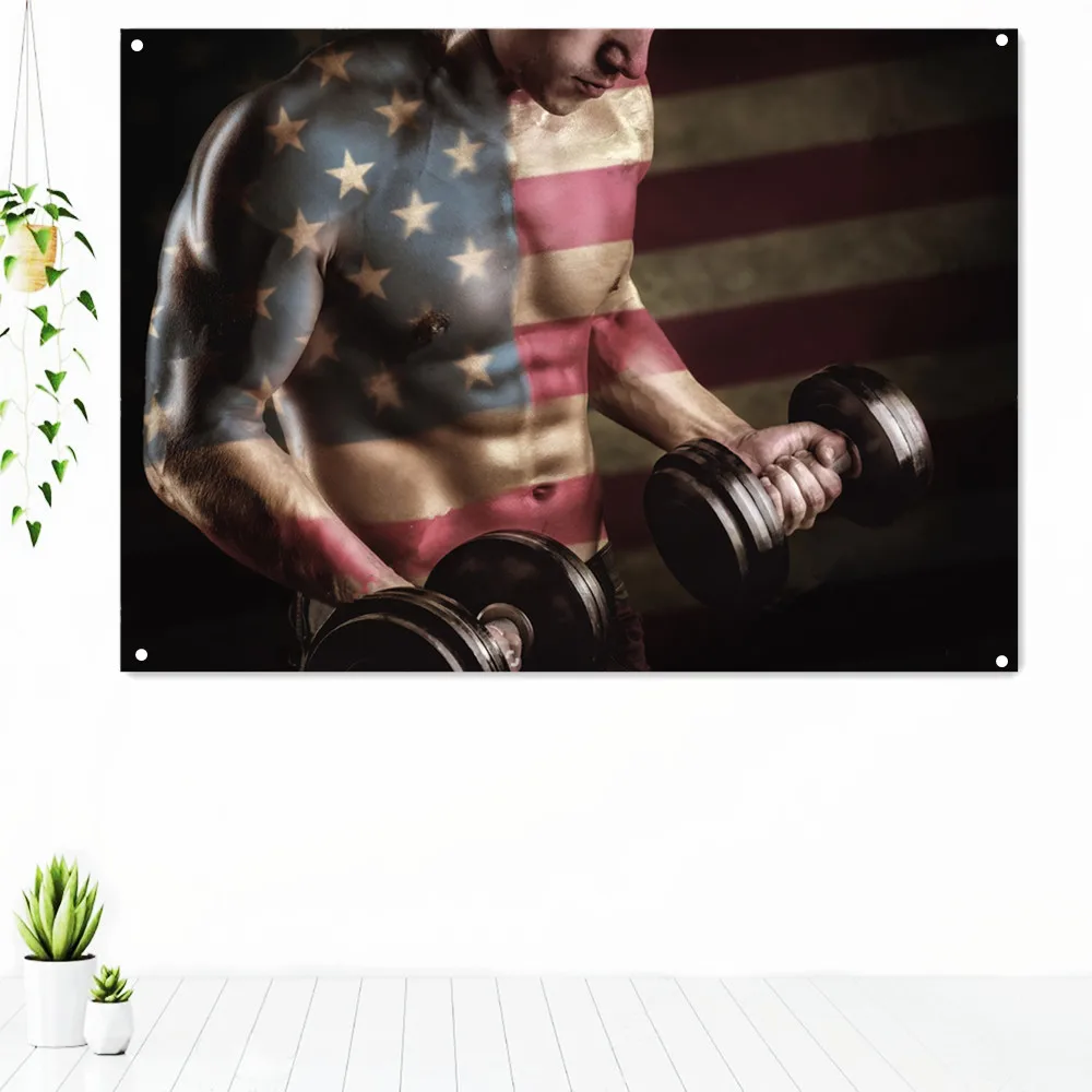 

Muscular man with dumbbells Exercise Inspirational Poster Vintage Fitness Workout Artwork Tapestry Decorative Banner Flag Mural