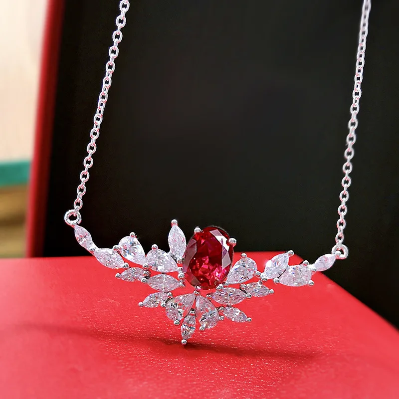 

925 Silver Synthetic Ruby Necklace Oval 7 * 9 Ice Flower Design Premium New Women's Neckchain