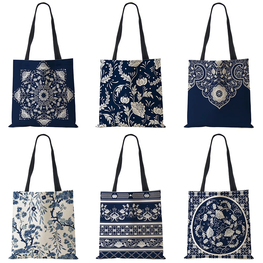 

Vintage Print Ladies Casual Shoulder Bag Tote Flowers Leaves Fashion Shopping Reusable Handbag Large Capacity Canvas Beach Bags