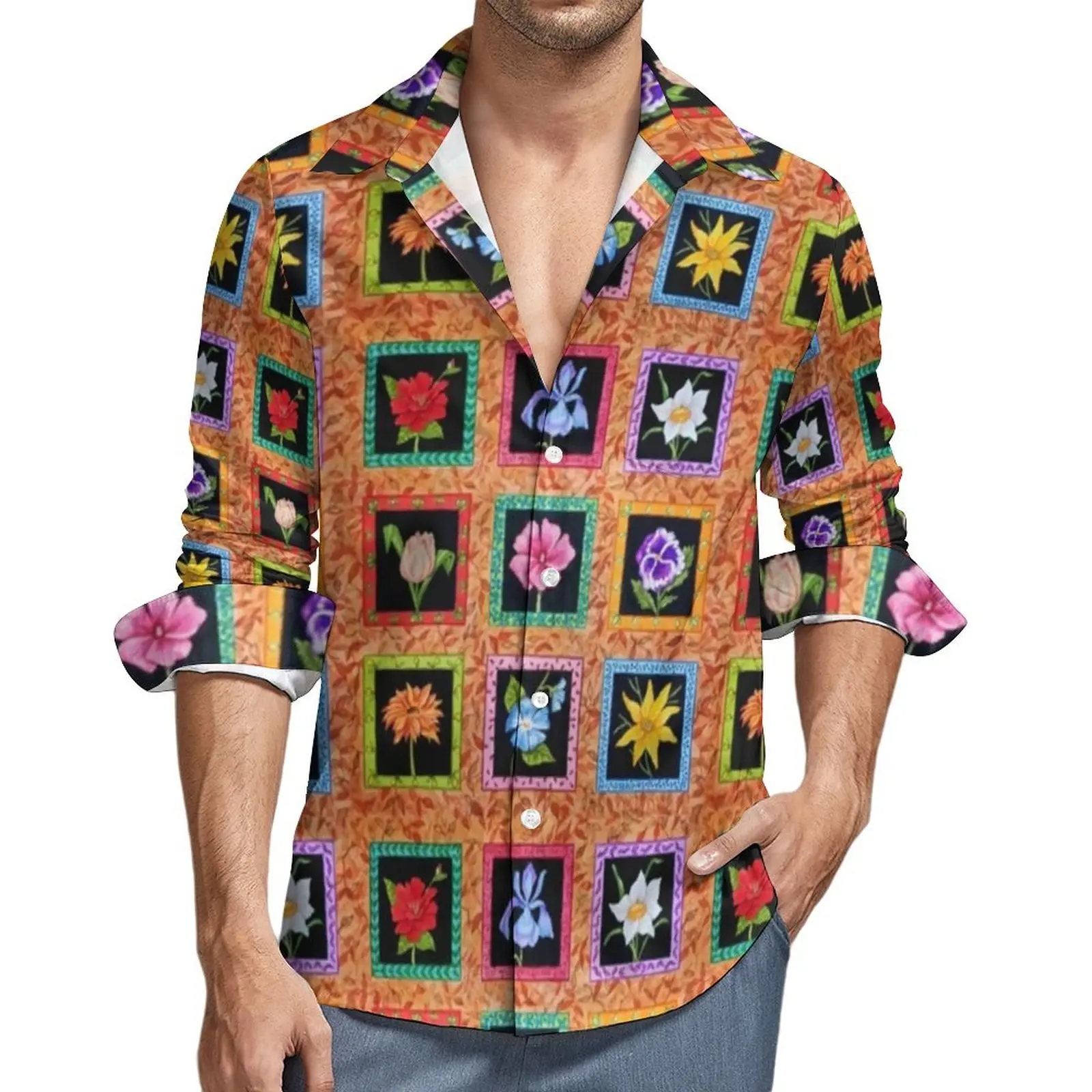 

Bohemian Flowers Harajuku Casual Shirt Men Patchwork Print Shirt Autumn Trendy Blouses Long Sleeve Custom Oversized Top