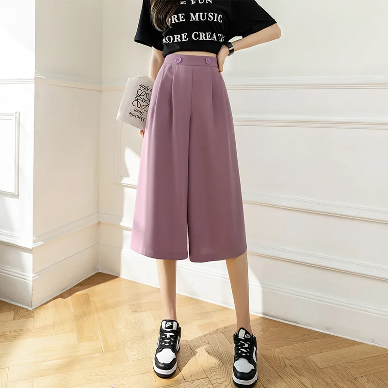 

Elastic High Waist Cropped Pants for Women 2022 Summer New Loose Straight Wide Leg Pants Draping Effect Casual Pants Thin