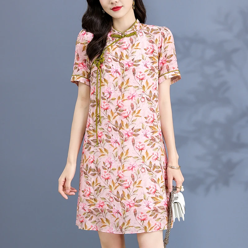 

Женское платье-Ципао в китайском стиле, элегантные винтажные платья из 2023 натурального шелка с коротким рукавом и цветочным принтом, лето 100%