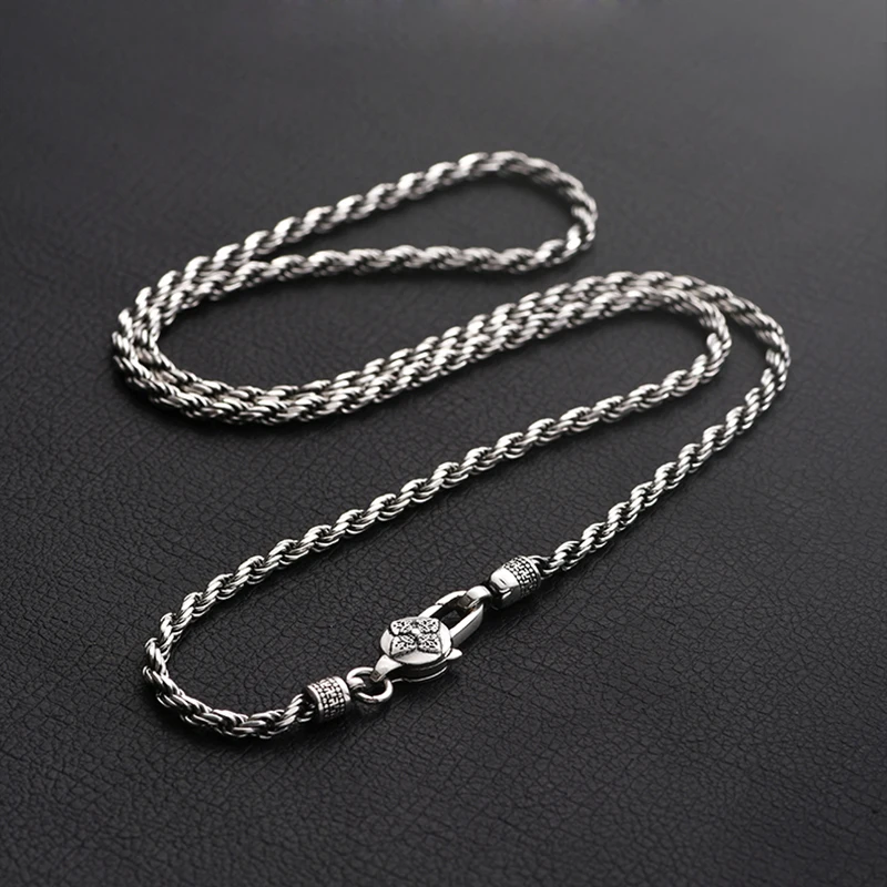 

New Men's Hemp Rope Necklace Silver Personality Retro Six-character Mantra Vajra Trend Necklace Jewelry Accessories