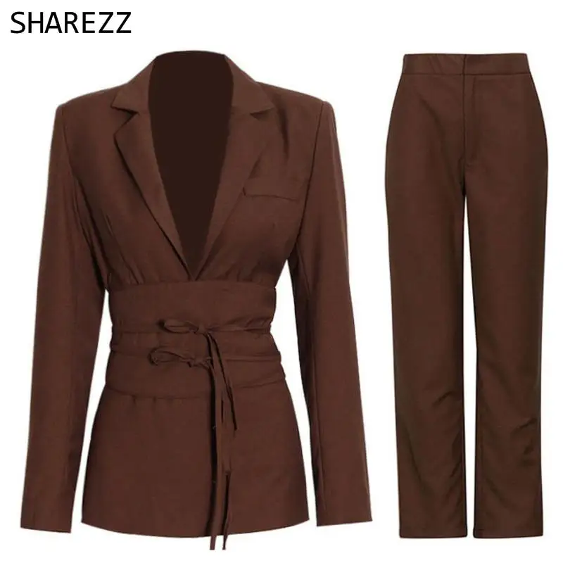 

2022 Spring New Design Suit Women's Fashion Waist Closed Solid Suit High Waist Straight Pants 2 Two Piece Outfits For Women Sets