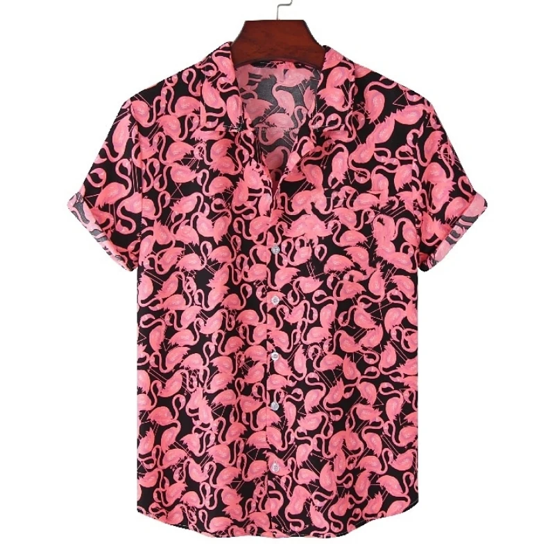 

Гавайская рубашка для мужчин, модный Свободный Топ с коротким рукавом и 3D-принтом фламинго, Повседневная пляжная одежда для отдыха, лето