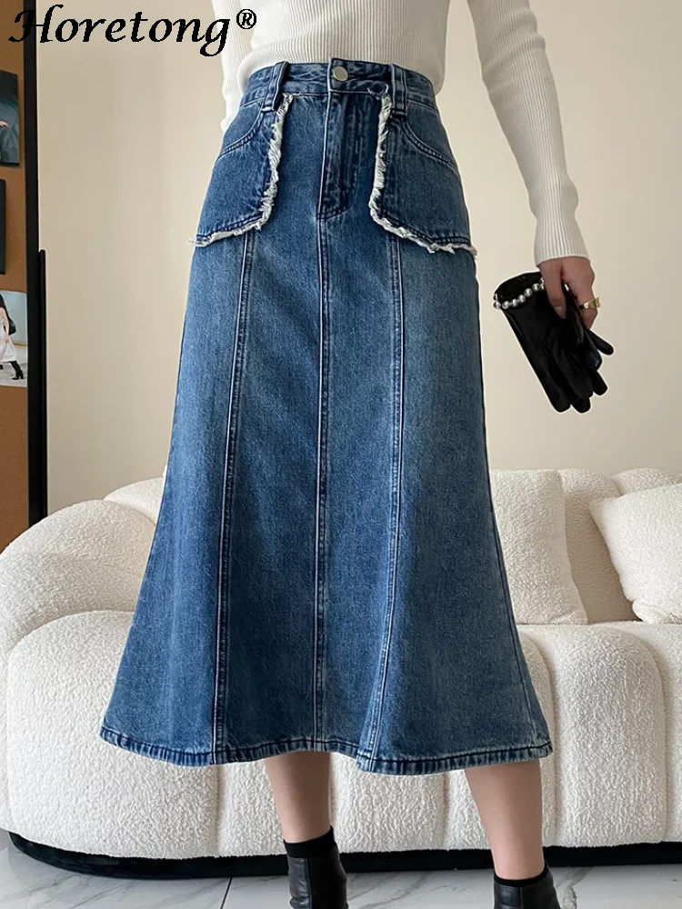 

Женская джинсовая юбка-годе с карманами, с завышенной талией