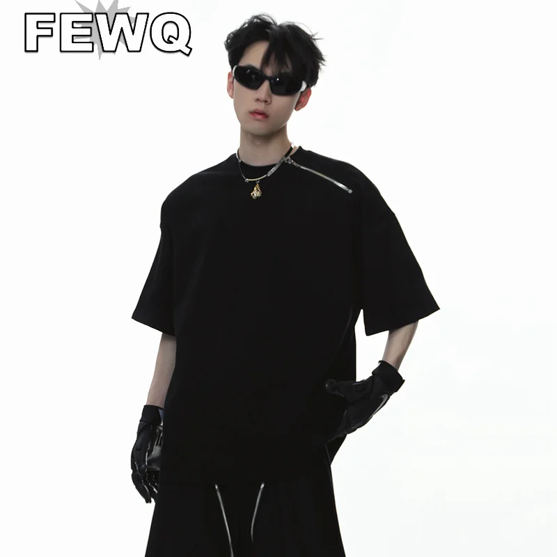 

FEWQ Neck Metal Zipper Men's T-shirts Niche Design Male Solid Color Short Sleeve Tee High Street Pumk Style Top 2023 New 24B2718