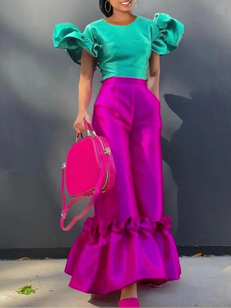 

Casule Two Piece Set Women Shirt Ruffles Top and High Waist Wide Leg Pant Set Outfits Vacation Greem Slim Clothing 4XL