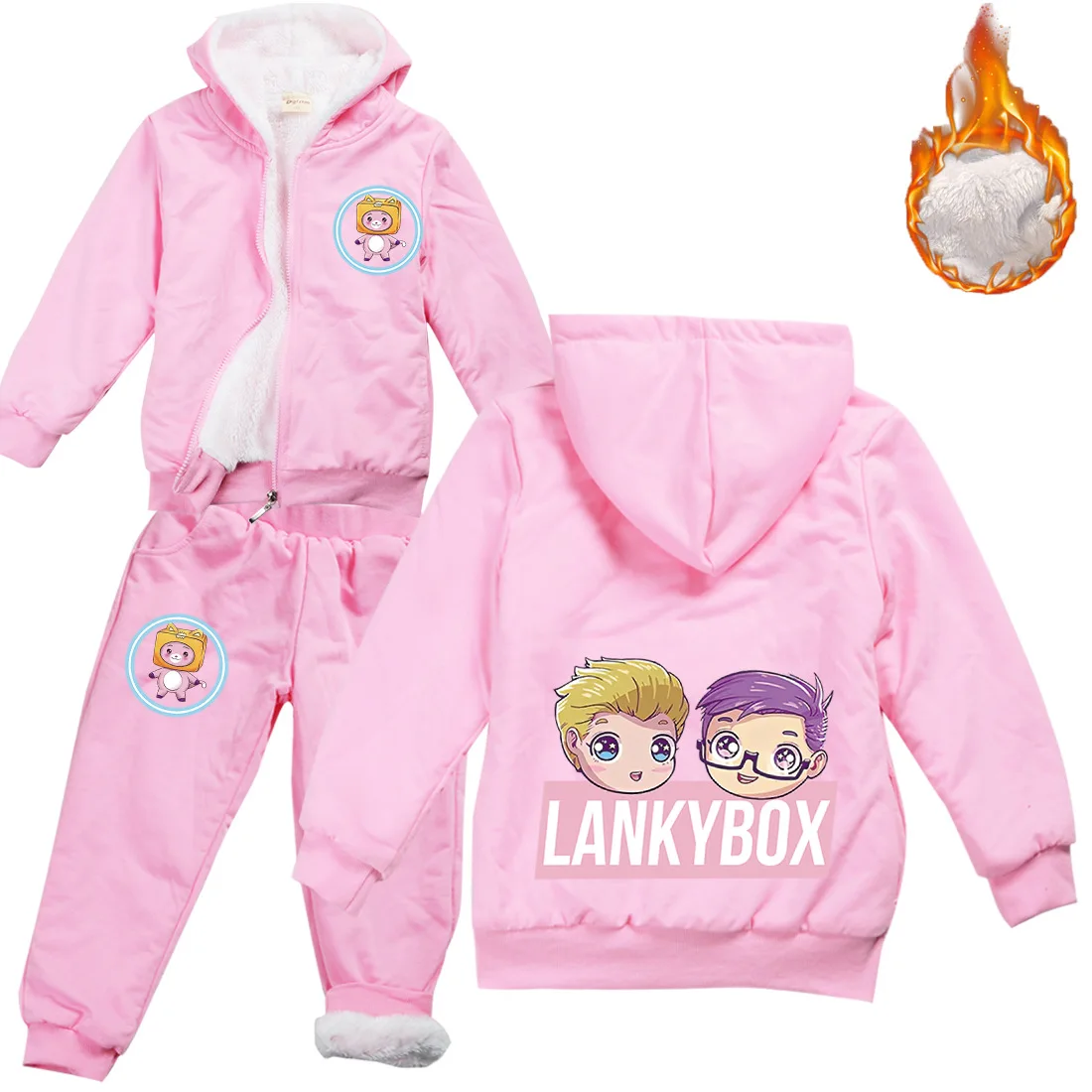 

Зимняя одежда Lankybox 2022, детская теплая флисовая толстовка с капюшоном, куртка на молнии, розовые штаны, комплект из 2 предметов, спортивный ко...