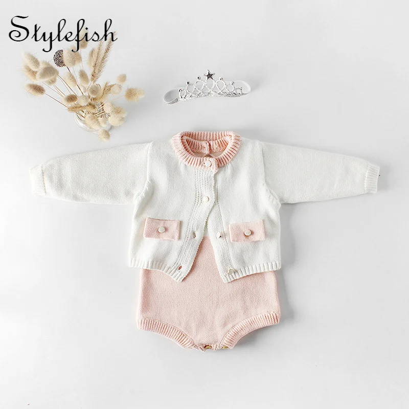 Ins organic cotton baby clothes infants baby girl suit pocket knitting coat pocket + wool clothing suits single shot romper 2022