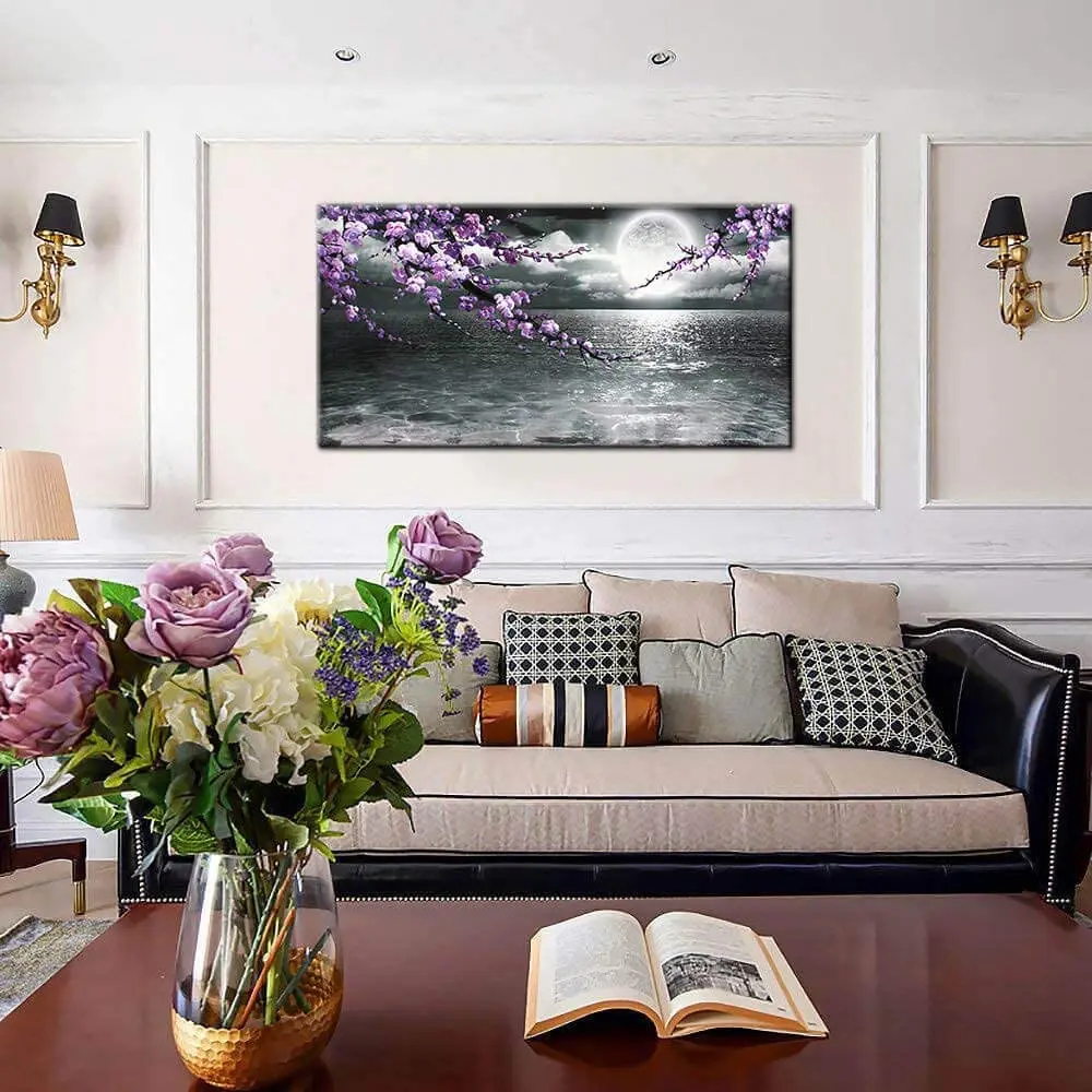 

Large Oil Painting Handmade Wall Art Black and White Seascape Full Moon Purple Flower Painting Modern Hand-Painted Plum Blossom