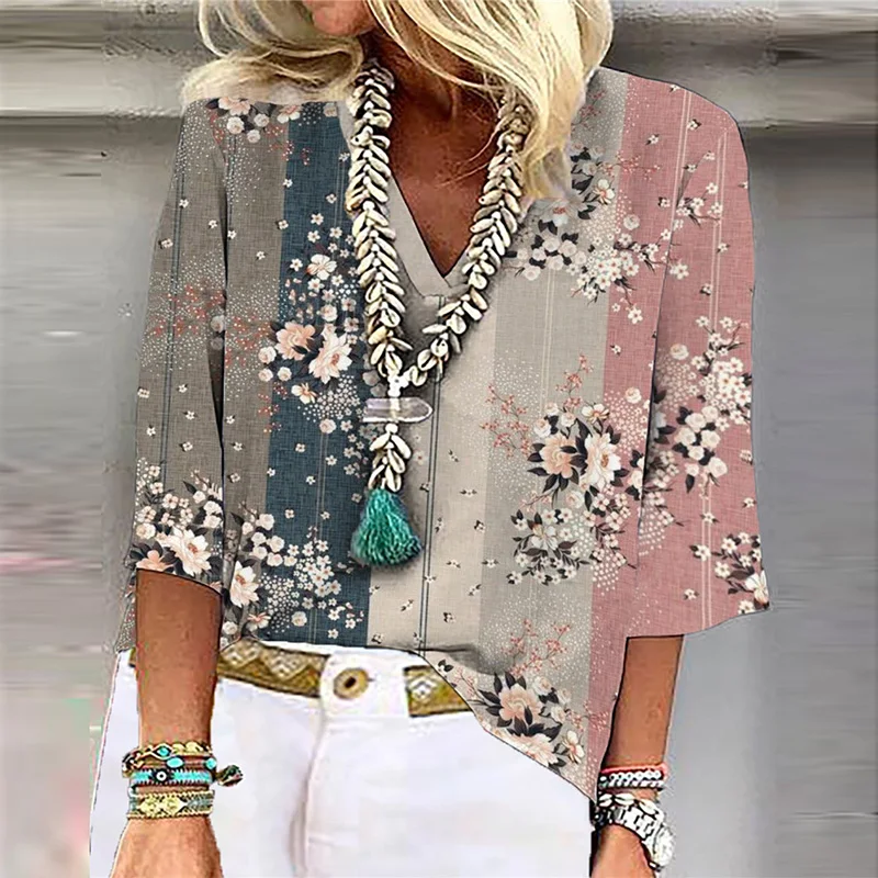 Женская футболка с принтом листьев Повседневная Свободная V-образным вырезом и