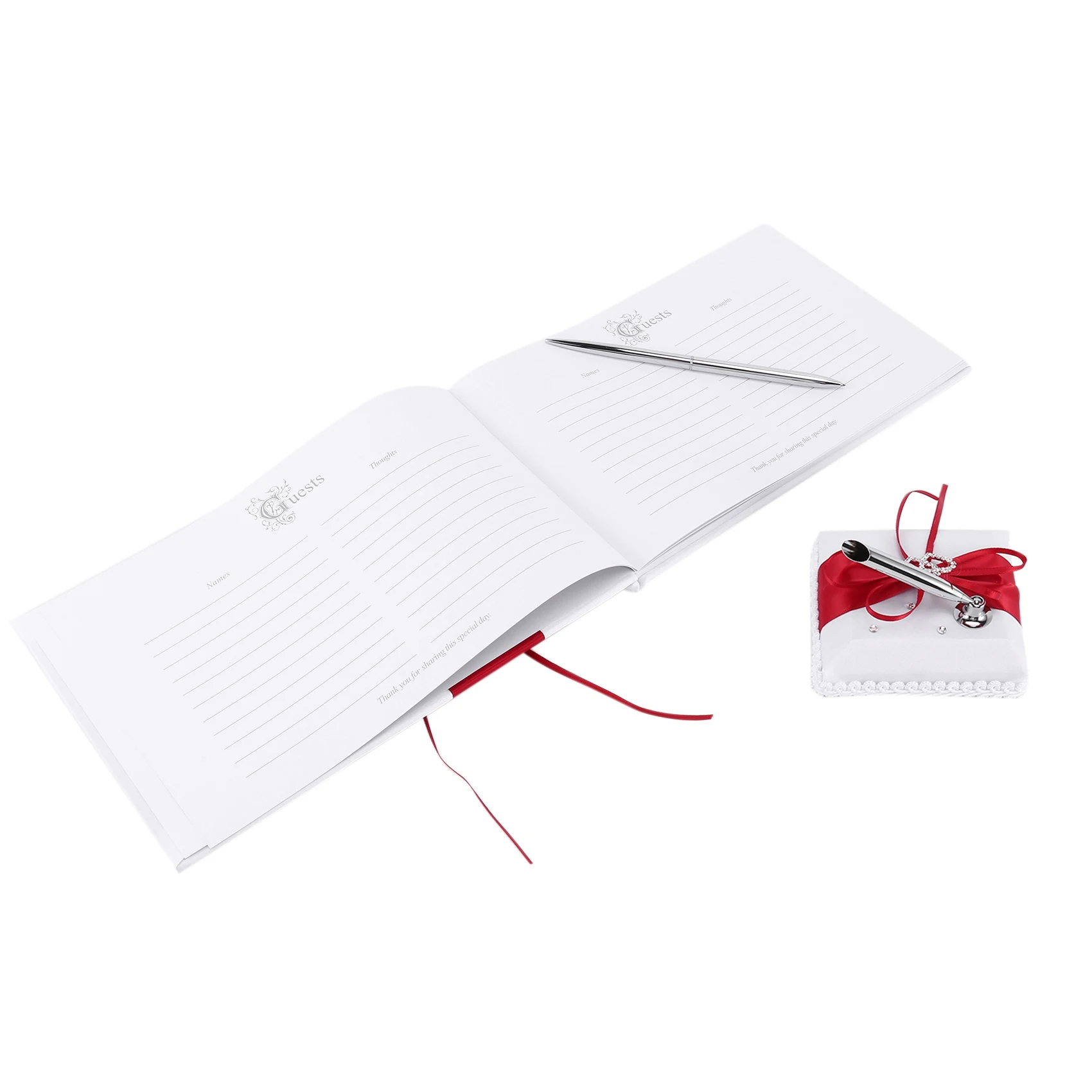 

Wedding Guest Book With Pen Holder Sets Satin Bows Signature Book With Diamonds Love Shape For Party Decorations-Red+White