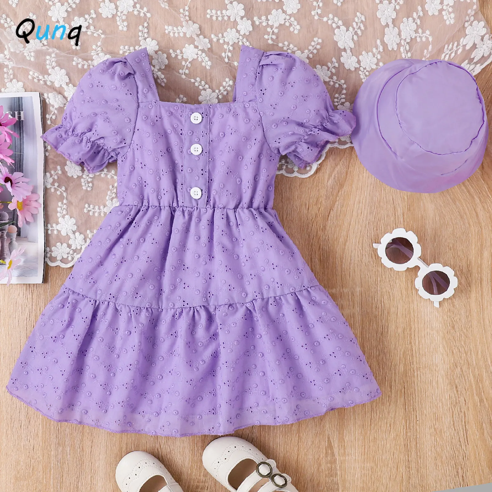 

Qunq 2023 Summer New Girls Puff Sleeves Hollowed Out Jacquard Princess Dress And Cap 2 Pieces Set Casual Kids Clothes Age 3T-8T