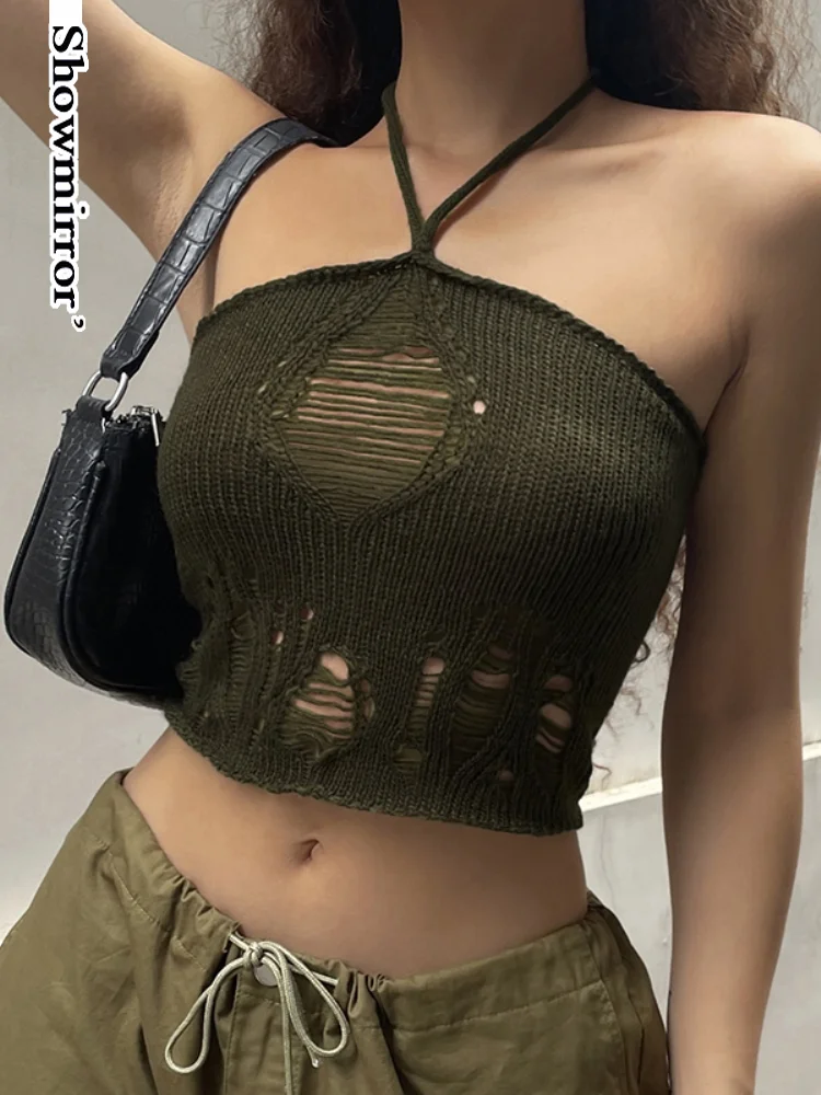 

Showmirror зеленая Трикотажная майка в стиле ретро с открытыми плечами, Женская винтажная одежда Y2K, летние Ажурные топы с лямкой на шее и открыто...