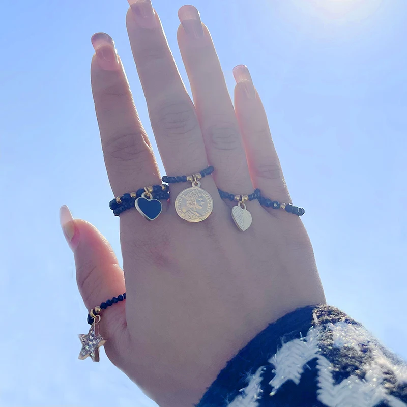

Handmade Elegant Black Natural Stone Rings for Women Gothic Obisidian Star Heart Gold Stainless Steel Bead Ring Jewelry Gifts