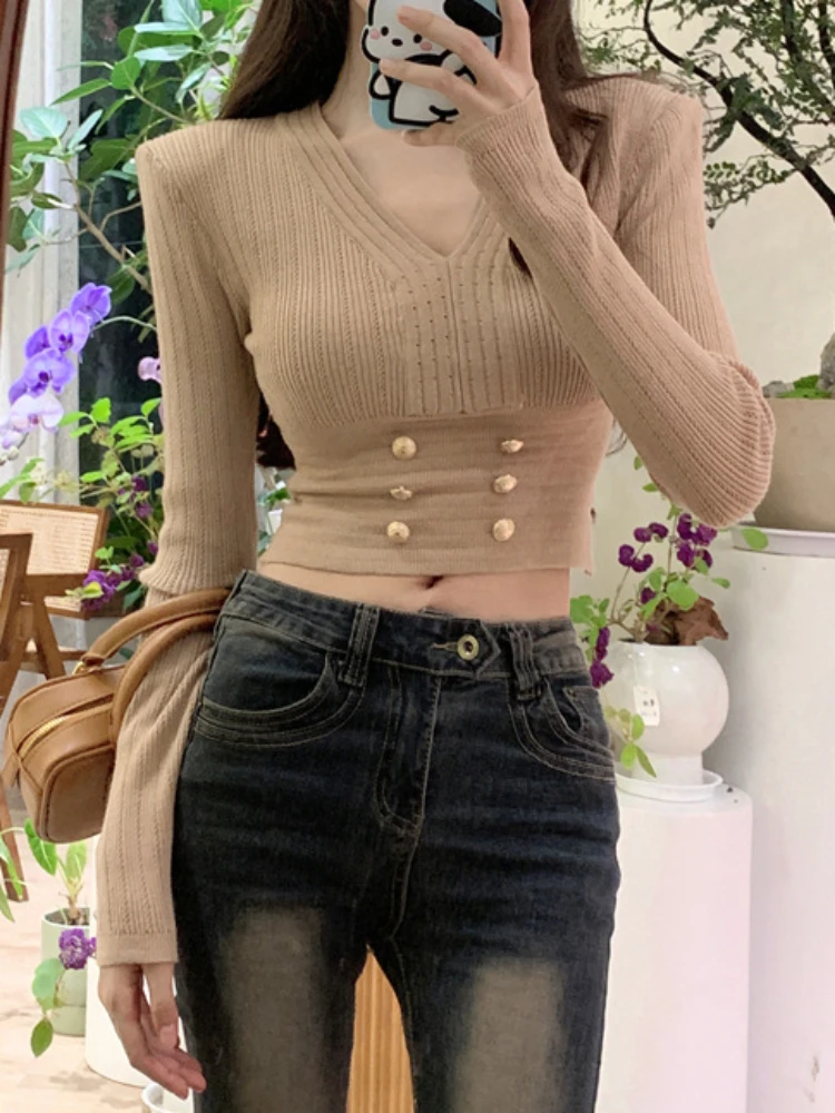 Свитера женские однотонные универсальные элегантные модные свитера с v-образным