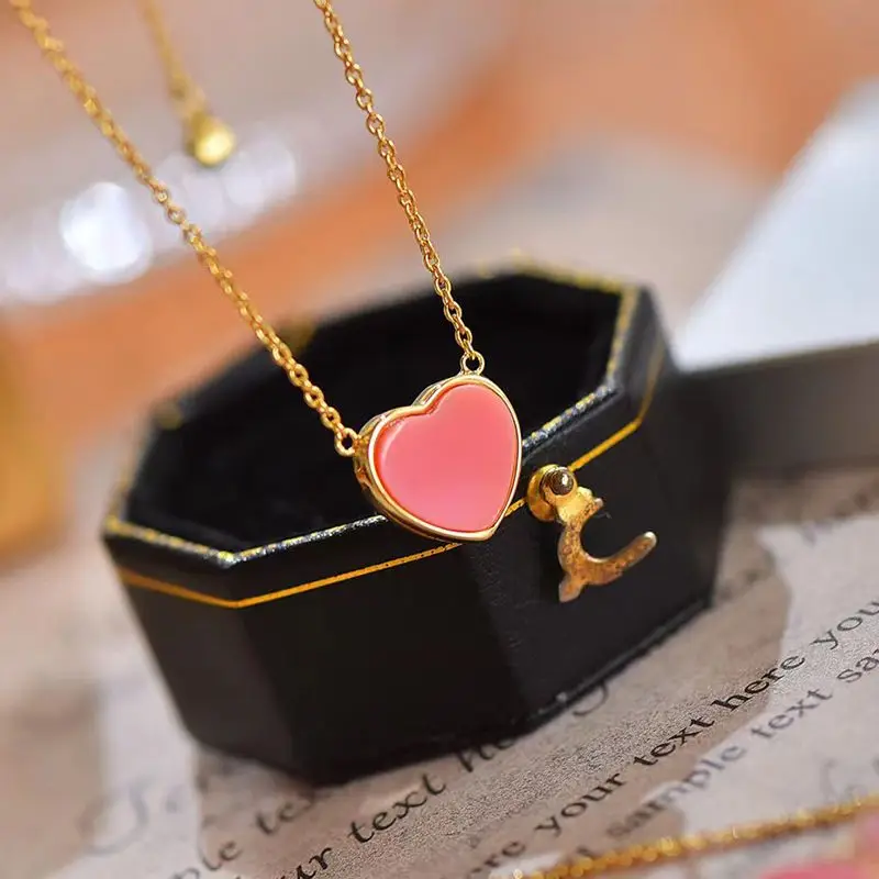 

Natural Pink Jade Inlaid Sterling Silver S925 Love Heart Set Chain European and American Sweet Cute Pendant Necklace for Women