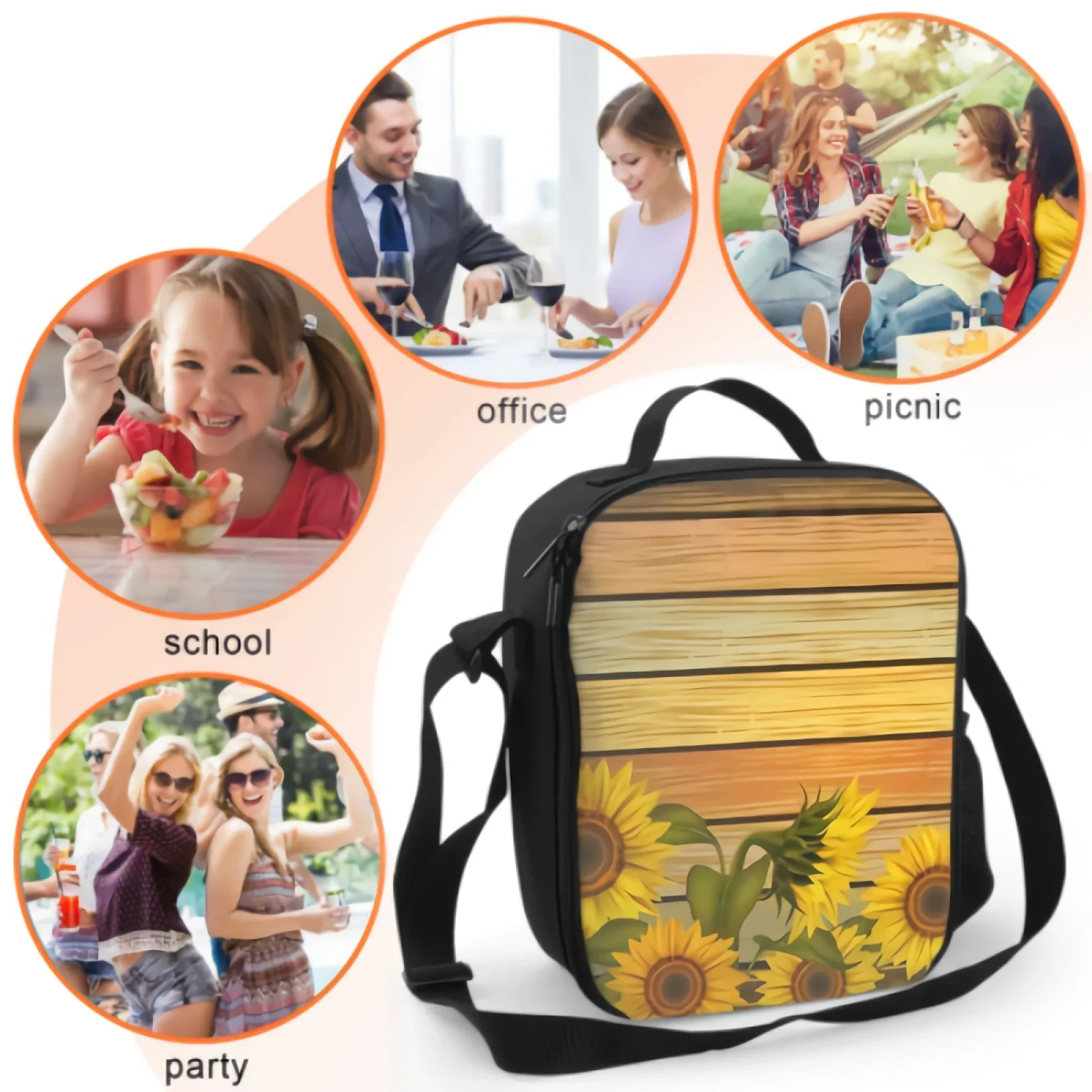 Подсолнухи и листья на античной деревянной доске изолированная сумка для ланча