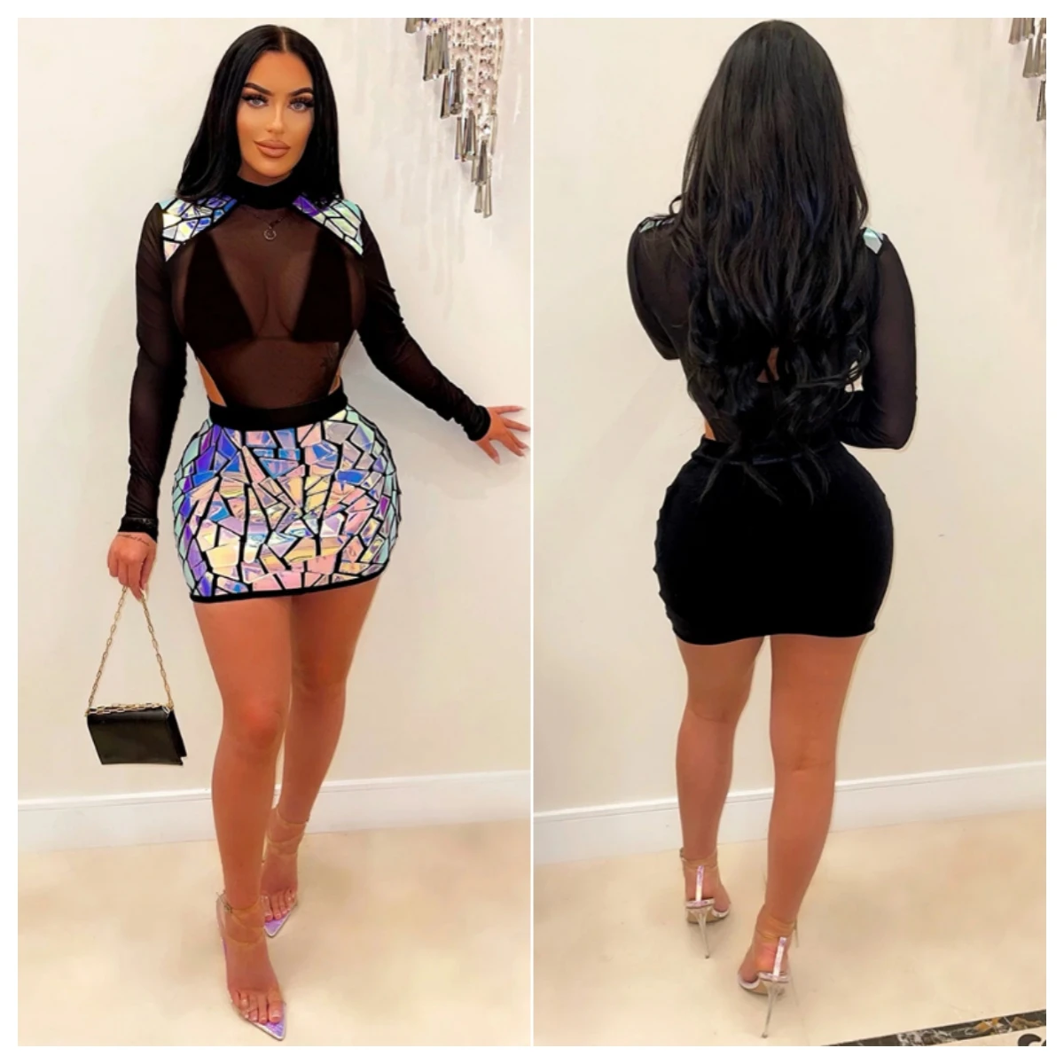 

Mirror Sequins Sheer Mesh Patchwork Club Party Mini Dress Women Sexy Hollow Out Long Sleeve Bodycon Dresses Boutique Clothing
