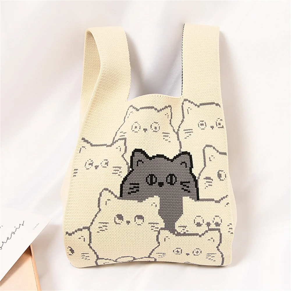 New Knitted Bag Student Cute Panda Cat Print Handbag Women Retro Mini Knot Wrist Bag Japanese Lady Leisure Tote Bag حقيبة تسوق