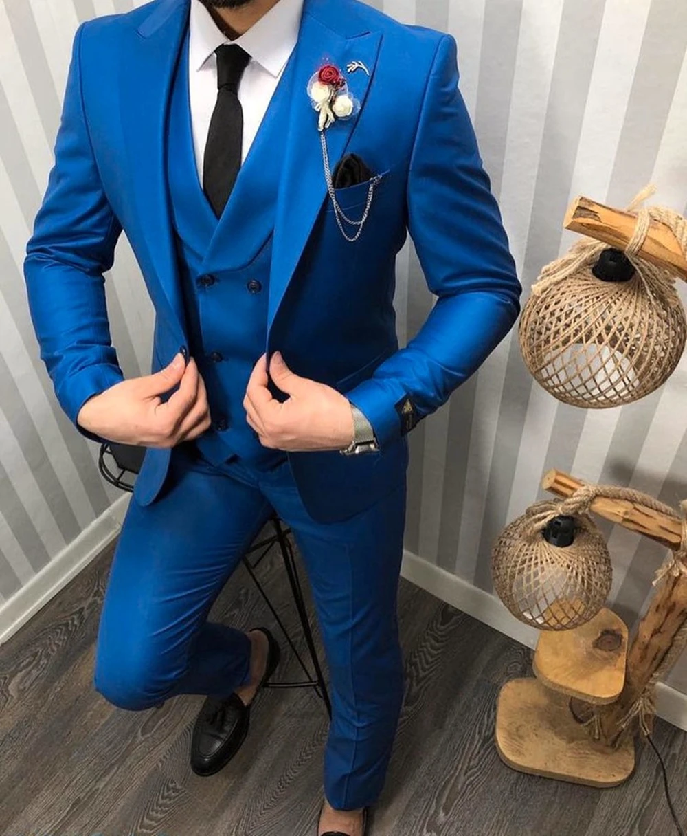 

Blue 3 Pieces Business Groomsmen Lapel Groom Tuxedos Men Suit Wedding/Prom Best Blazer Sets Terno Masculino ( Jacket+Pants+Vest)