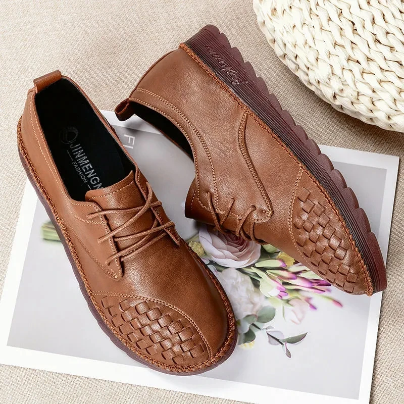 

Female Comfort Flat Shoes 2022 New Spring Woman Casual Shoes Weave Leather Soft Sole Woman Single Shoe Lace Up Fashion Footwear