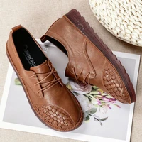 female comfort flat shoes 2022 new spring woman casual shoes weave leather soft sole woman single shoe lace up fashion footwear