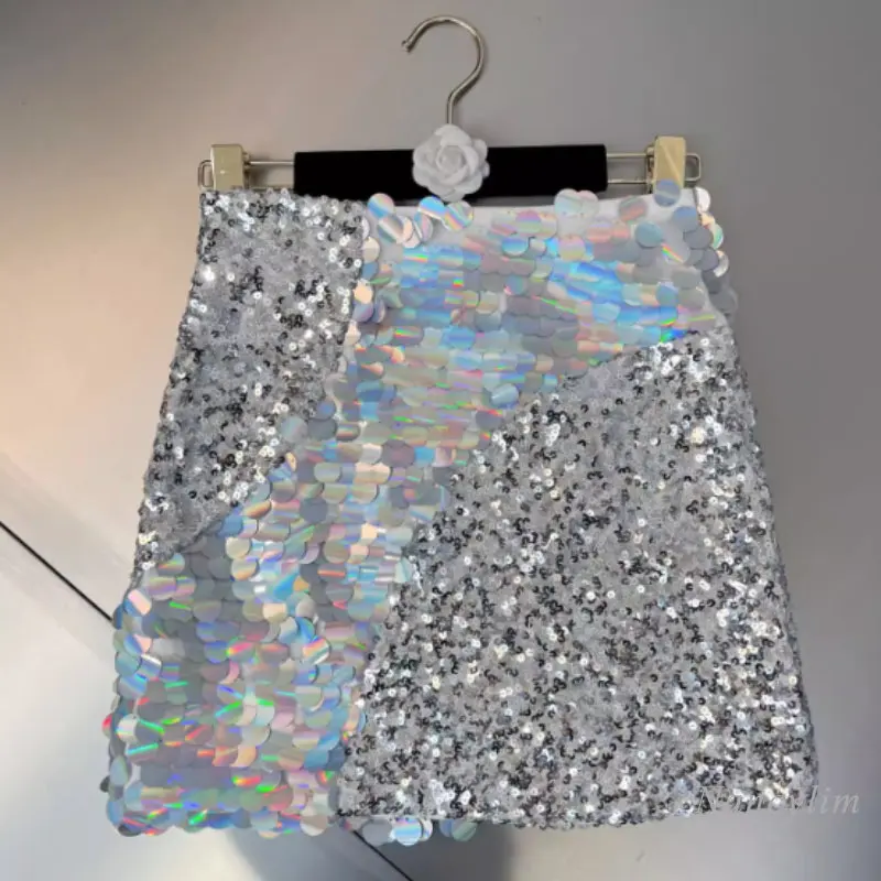 Spring and Summer 2023 Gradient Color Sequin Stitching Short Skirt for Women Hip-Wrapped Heavy Industry Sequined Skirts Femme