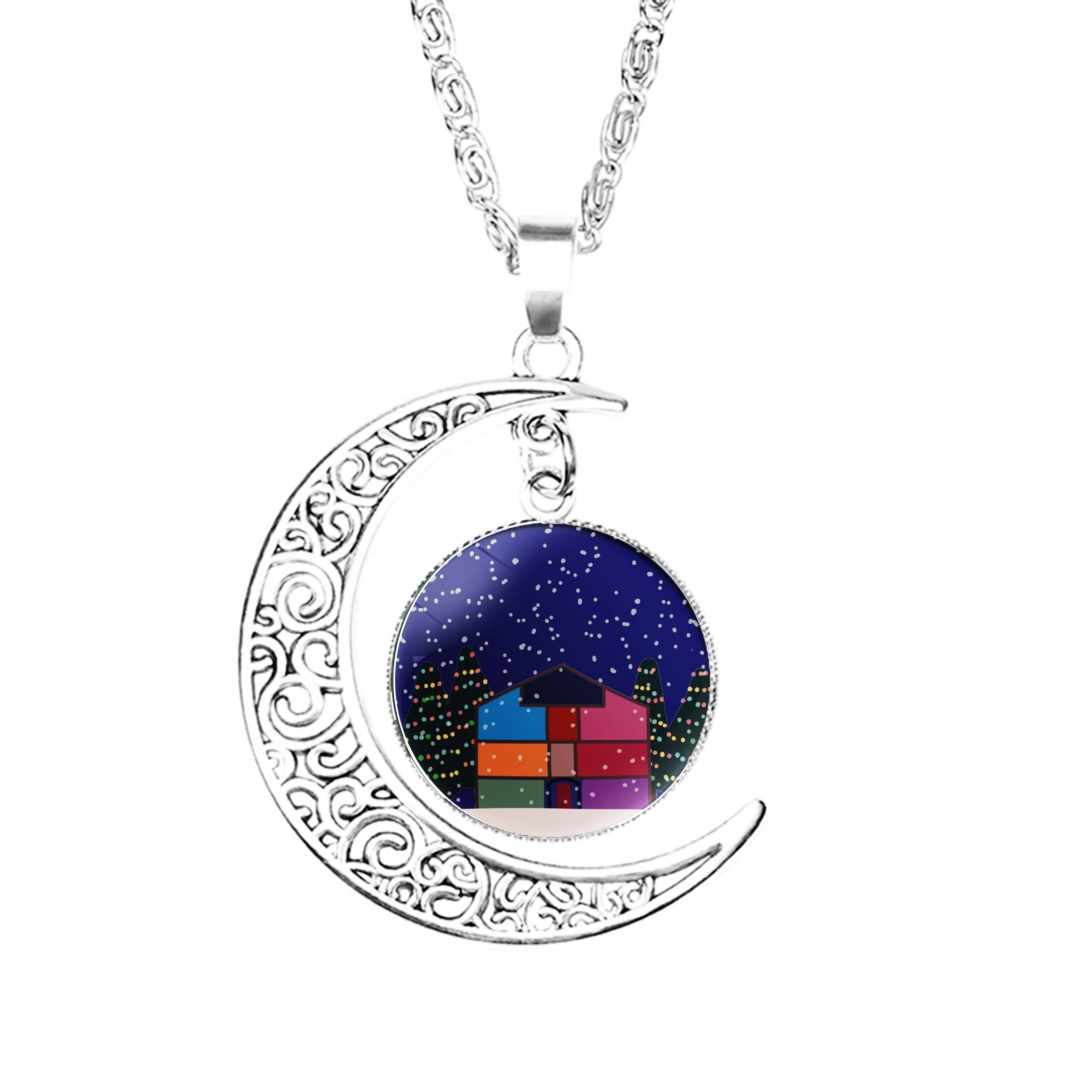 

Lover Snowglobe House And Trees Moon Necklace Dome Girls Lovers Women Pendant Men Boy Crescent Glass Fashion Stainless Steel