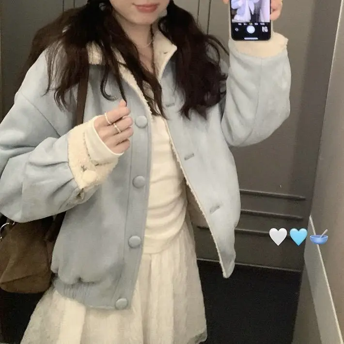 Голубое двустороннее замшевое теплое пальто из овечьей шерсти осенне-зимнее