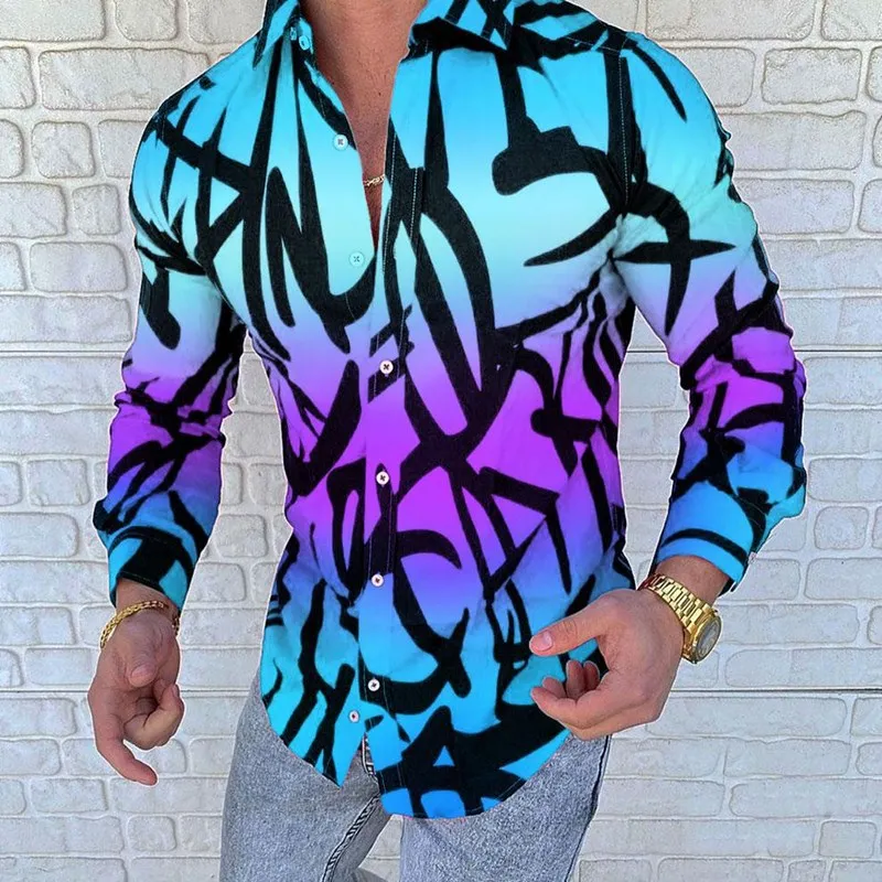 2022 European and American autumn and summer new fashion printing men's cardigan tops slim casual men's long-sleeved shirt tops