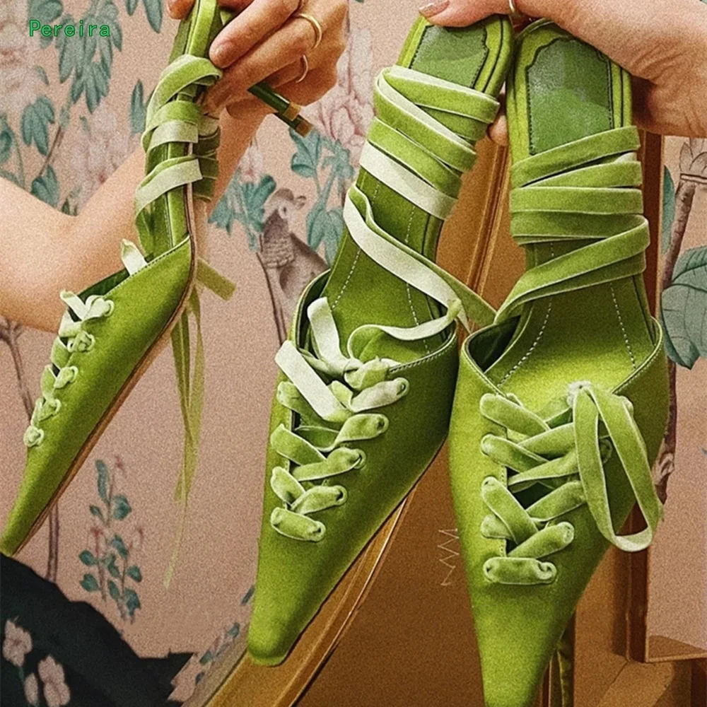 Green Lace-up Pumps 2022 New Arrival Solid Pointed Toe 6.5cm Thin High Heel Women's Sexy Fashion Party Shoes For Free Shipping