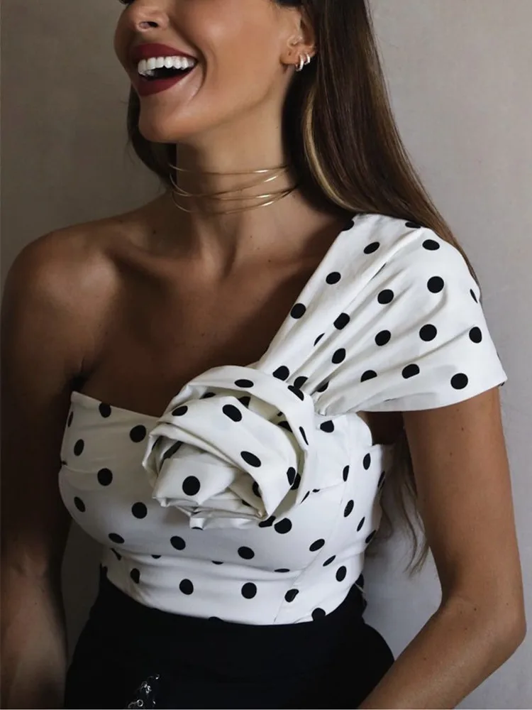 

Women Fashion Rose Decoration Polka DOT Cropped Corsets 2022 Summer New Side Zippers Casual Female Tops For Holiday