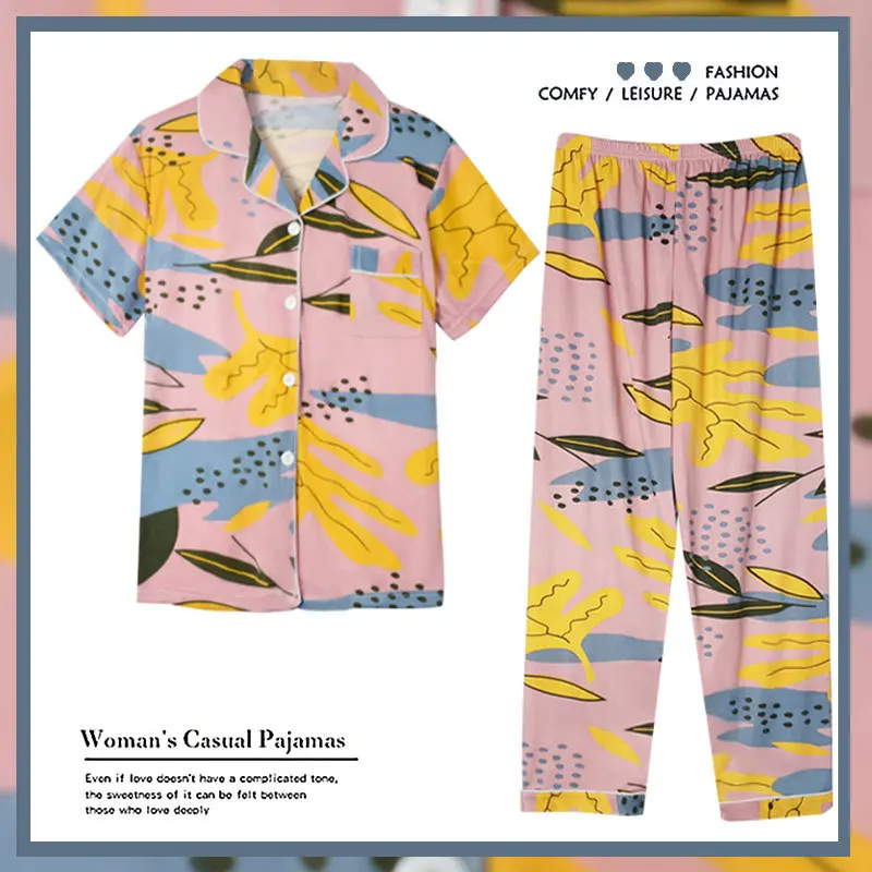 New Sale Women Home Wear 2022 Spring Summer Short Sleeved Women Pajamas Set Long Pant Pyjamas Sets Cotton Leisure Sleepwear Set