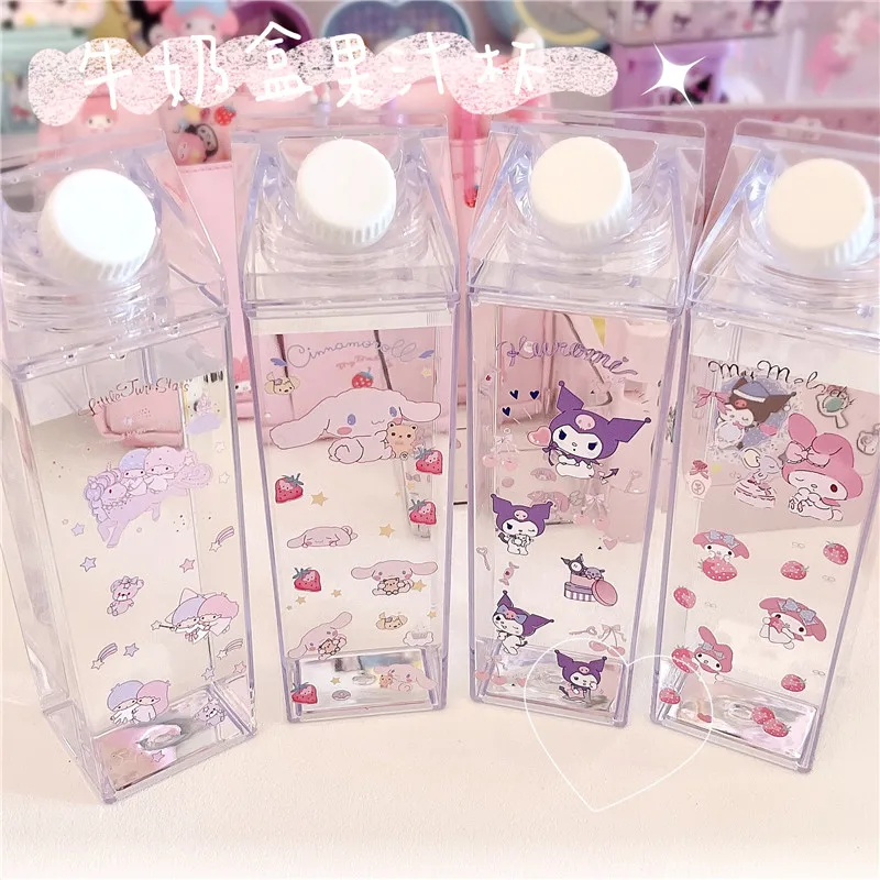 

Sanrioed Anime Kawaii My Melody Cinnamoroll Kuromi Milk Carton Cup Summer Transparent Large Capacity Portable Juice Box