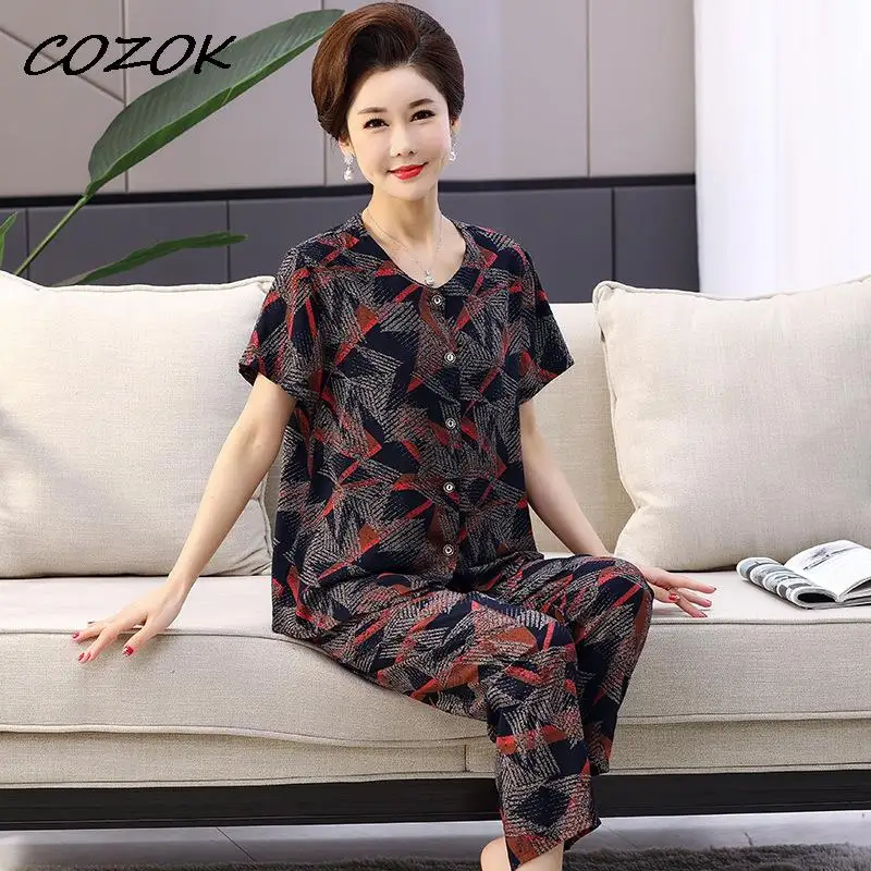 

Middle Aged Sleepwear Pajamas Mom Gift Long Pants Short Sleeve Summer Automn Loungewear Home Clothing Homewear Sets Plus Size