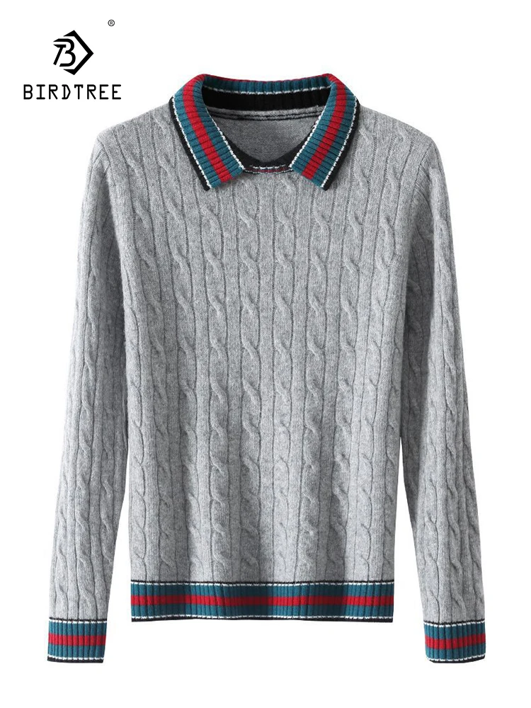 

Женский винтажный пуловер в британском стиле Birdtree, вязаный свитер с контрастным вырезом, 100% шерсть, Осень-зима, T38650QC