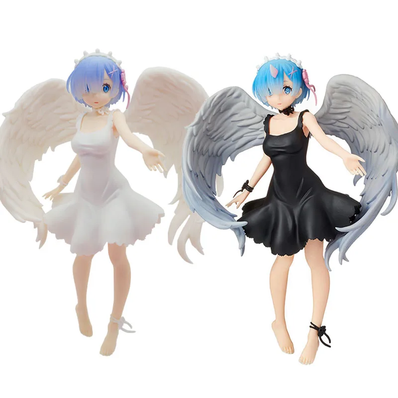 

Genuine Angel Rem Anime Figure RE: Zero-Starting Life in Another World Cute Black and White Angel Wings Model 22CM PVC Toys Doll