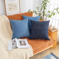 Simple Soild Color Decoration Cushion Cover 45x45cm Blue Cotton Thread Weaving Streak Pillow Case for Home Living Room Bedroom