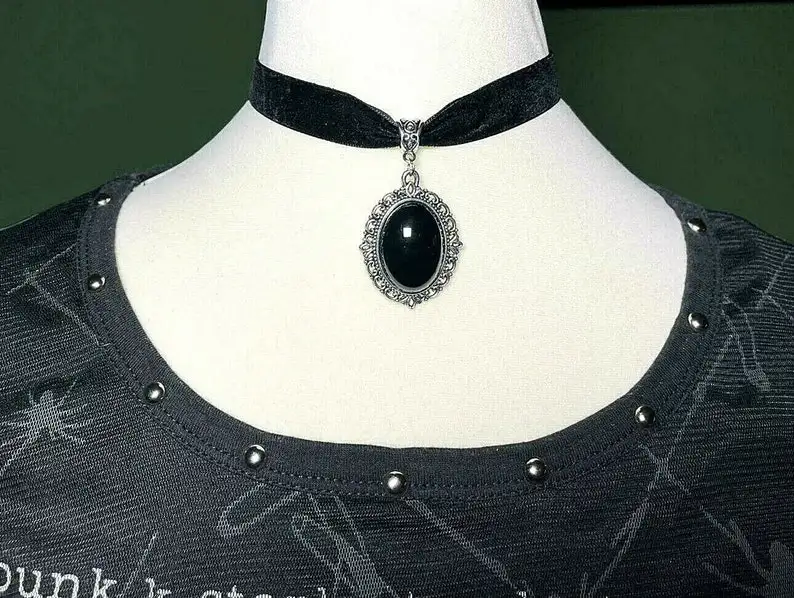 

gothic necklace, gothic necklace, black velvet ribbon and large cabochon in frame, gothic necklace, gothic jewelry,