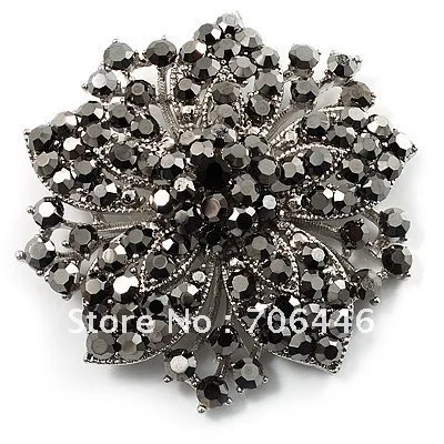 

2.1 Inch Large Rhodium Plated Jet Black Rhinestone Crystal Vintage Brooch