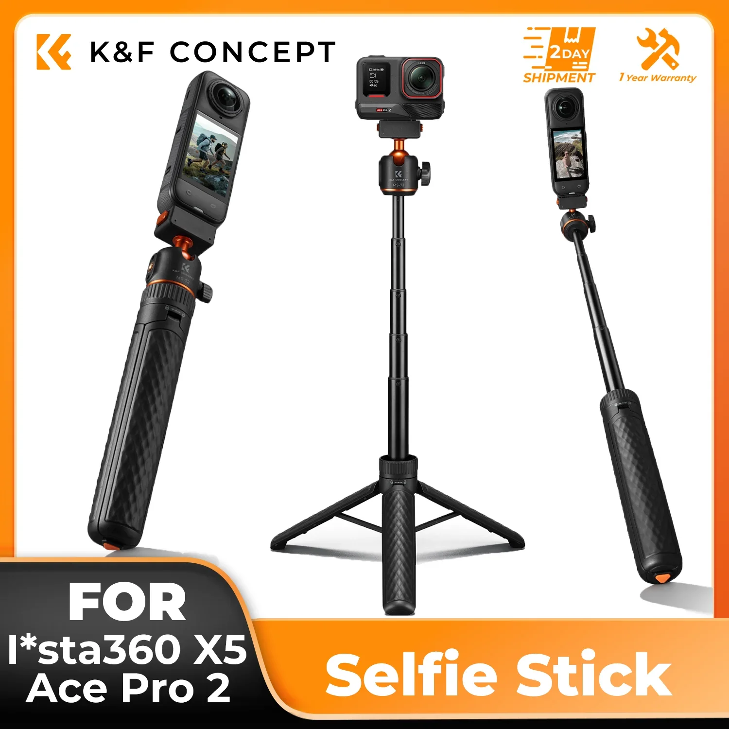 Фото K&F CONCEPT Магнитная селфи-палка с быстросъемным креплением для Insta360 X5 / Ace Pro 2 – Портативная ручка с шаровой головкой 360° и функцией штатива для влогов №1