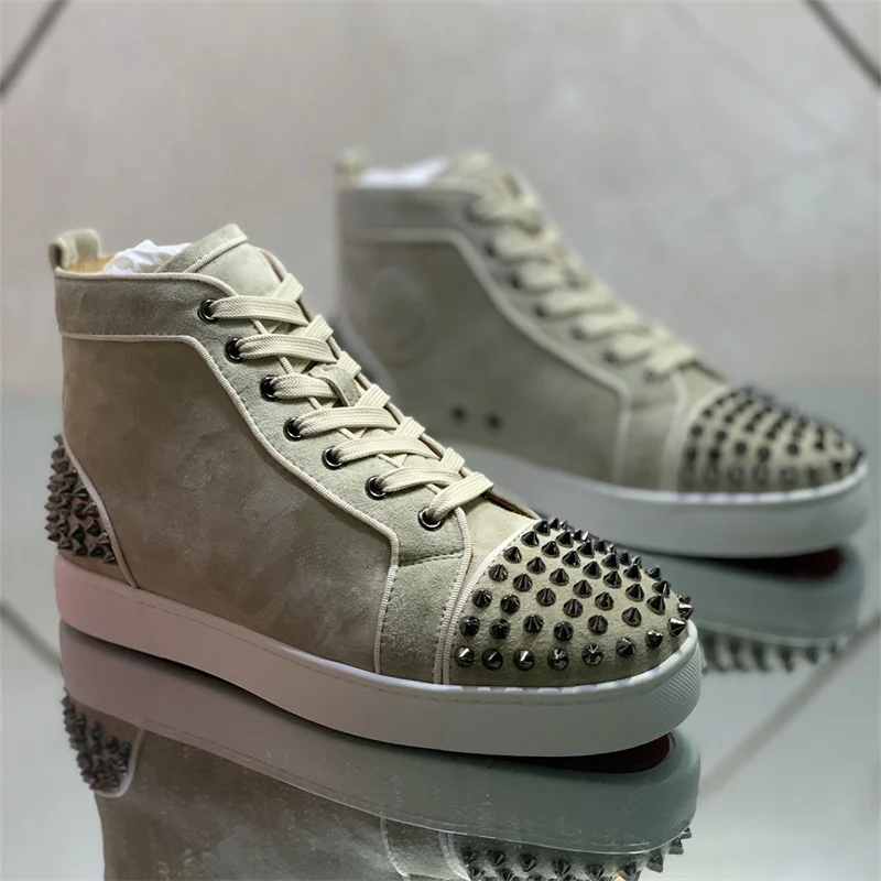 

High Top Khaki Canvas Spring And Autumn Red Soles Fashion Diamond Men's Leather Women's Casual Flat Sports Popular European