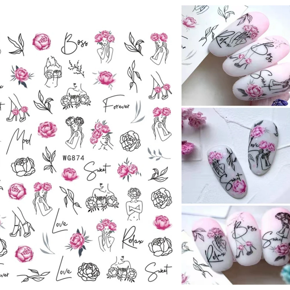 

10PCS Line Letters Abstract Human Face Flower Love Leaves Nail Art Sticker Nail Art Decoration Nail Art Tool Nail Decals