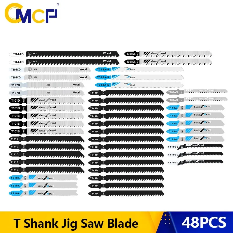 

CMCP HCS Steel Jig Saw Blade 48pcs T-Shank Jigsaw Blade for Wood Metal Cutting Tool Saw Blade Woodworking Tools